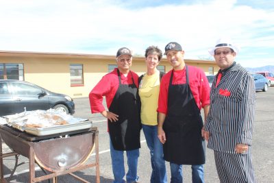 Yummy food provided by Rancheros Carniceria in Mammoth! Pictured from left are: Bernie Medina, Renee Louzon-Benn, Luis Lopez and Al Gutierrez.